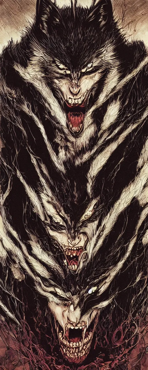 Image similar to wolf man vampire mad, inside a frame on a tiled wall, frontal picture, by yoichi hatakenaka, masamune shirow, josan gonzales and dan mumford, ayami kojima, takato yamamoto, karol bak