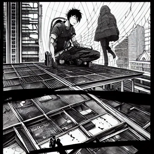 Image similar to high quality illustration of a rooftop picnic in an abandoned building in the style of ghost in the shell and blame and akira, manga, black and white, pencil, traditional art, anime, by katsuhiro otomo and tsutomu nihei and masamune shirow and studio ghilibi and yukito kishiro, highly detailed, sharp lines