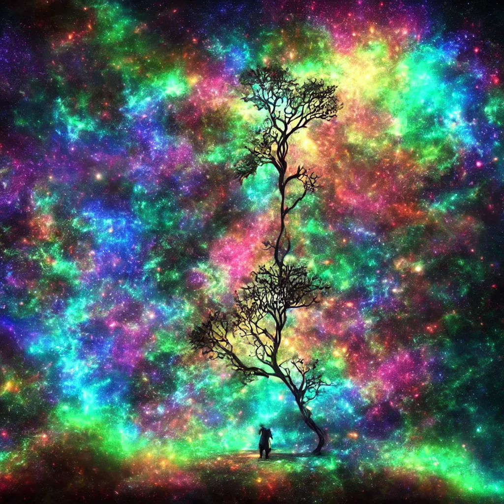 Image similar to tree of life, Cosmic tree of life, trees, Tree in a galaxy made of stars, space, nebulas stars Dmt Psychedelic cosmos, cosmic, Hallucination, night sky; 8k, artstation, unreal engine, octane render, hdr, surrealistic, hyperrealism, glow, photorealistic, volumetric lighting, Dreamy, dynamic, mystical