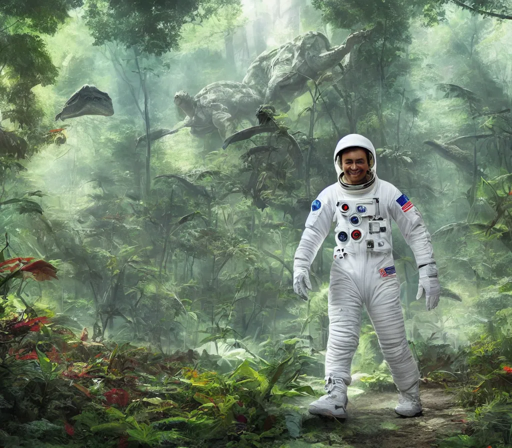 Image similar to modern scifi astronaut dressed in white suit is walking on the ground of a colorful tropical forest, dinosaurs in forest, style by blizzard concept artists