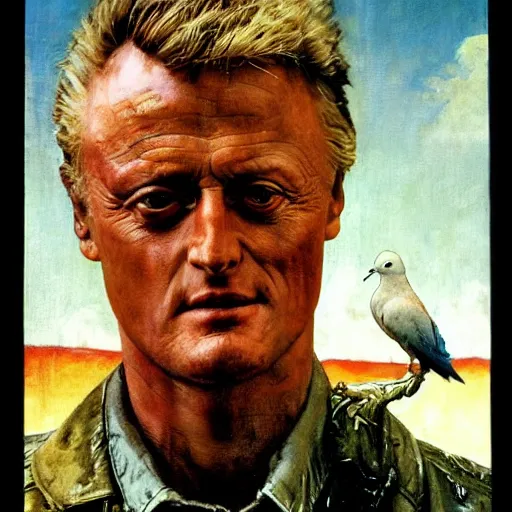 Image similar to rutger hauer as roy batty standing in the rain and holding a dove, painted by norman rockwell and tom lovell and frank schoonover