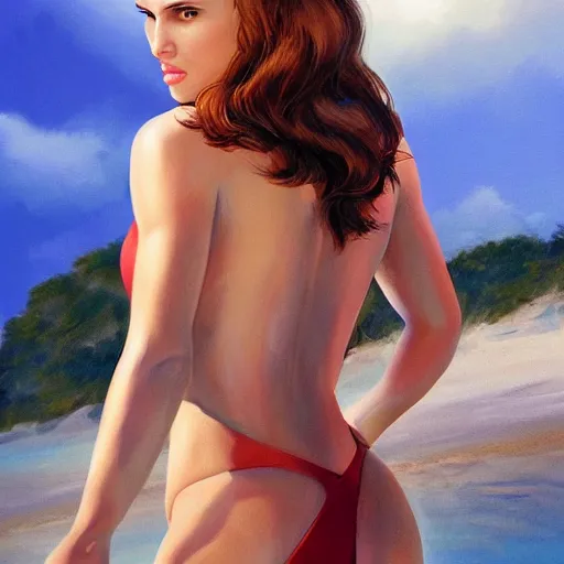 Image similar to Natalie Portman as a Bond girl at the beach, Joe Jusko, artstation, 8k photography