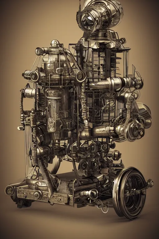 Prompt: octane render, 1 9 4 0's futurist advertising showroom photograph of a techno - magical, dieselpunk, reality shifting device. a gizmo, artifact, or machine. gas powered engine included. intricate detail. clockwork, industrial steampunk.