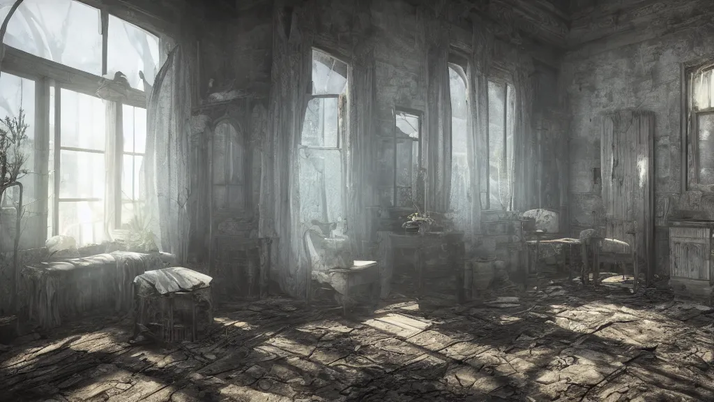 Prompt: A ghost in the shadows of a dark decrepit cottage, highly detailed interior, hyperrealistic, Lumion render, 8k UHD