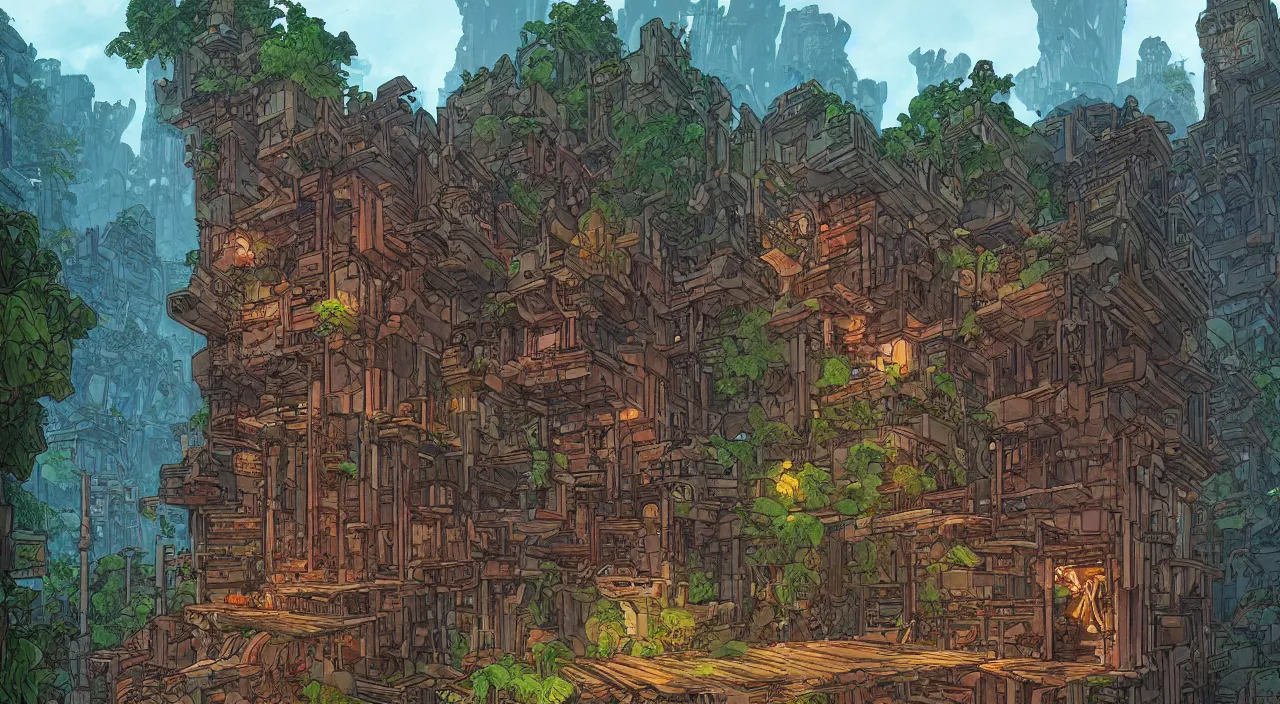 Image similar to open door wood wall fortress greeble block amazon jungle on portal unknow world ambiant fornite that looks like it is from borderlands and by feng zhu and loish and laurie greasley, victo ngai, andreas rocha, john harris