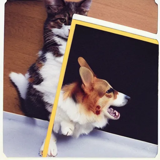 Prompt: Corgi and cat fixing the website, polaroid