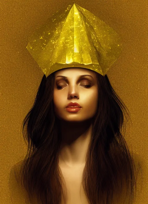 Image similar to a portrait of a beautiful girl in a gold foil hat painted by Petros Afshar