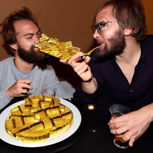 Prompt: pewdiepie and sergey mavrodi drinking and eating gold burgers together