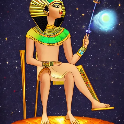 Image similar to handsome egyptian prince sitting on a floating throne, guided by thoth, in outer space, galaxies