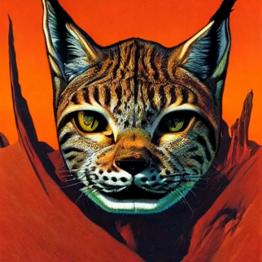 Image similar to giant distorted lynx cat looming over the horizon of a broken earth, perfectly clear face, by j. c. leyendecker and beksinski