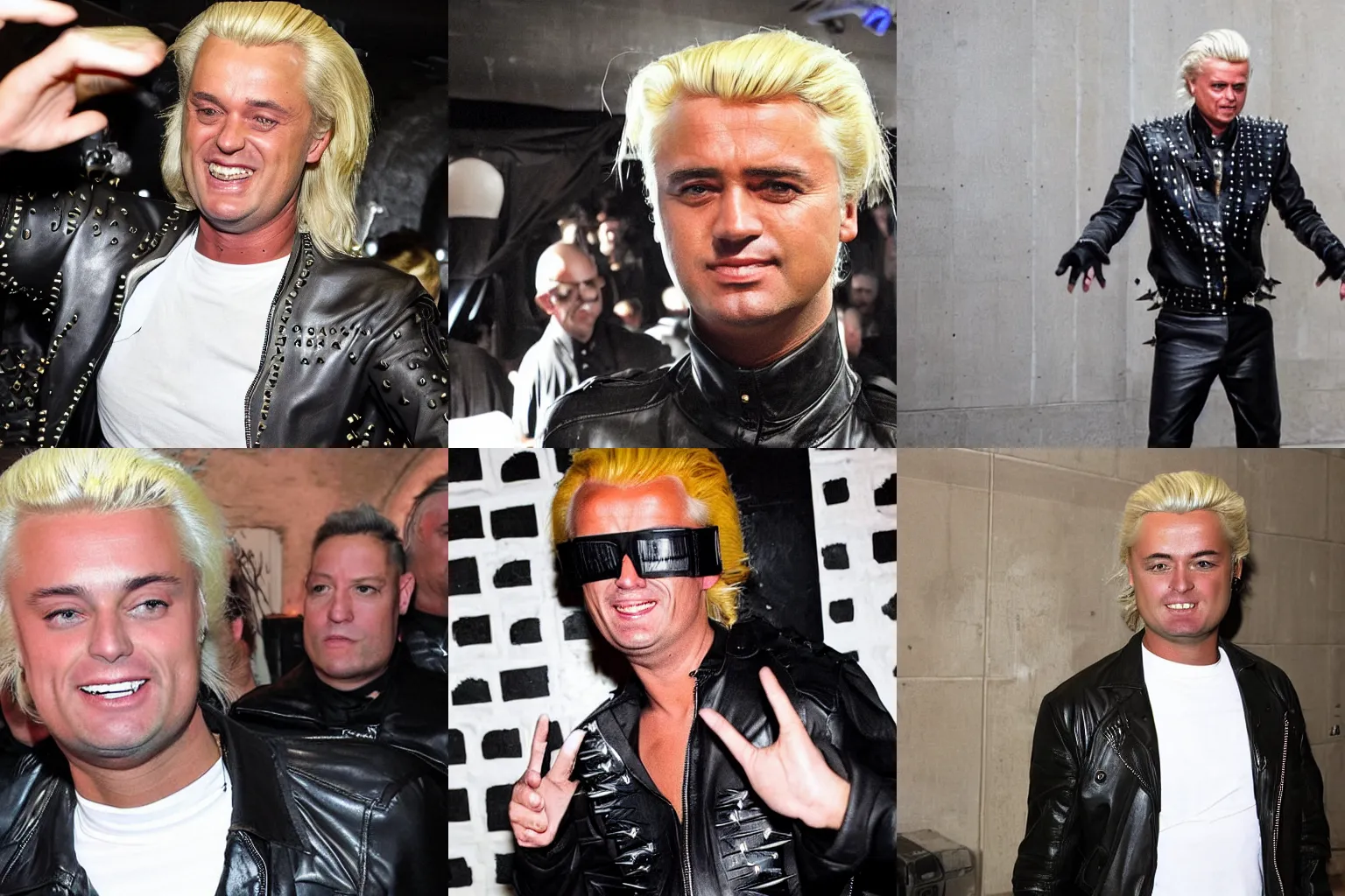 Prompt: geert wilders high as dj villalobos while wearing a leather outfit with spikes in berghain