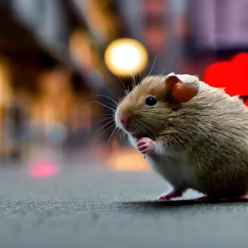 Prompt: a hamster terrorizing a city as if it was godzilla, high quality, sharp focus, 4k