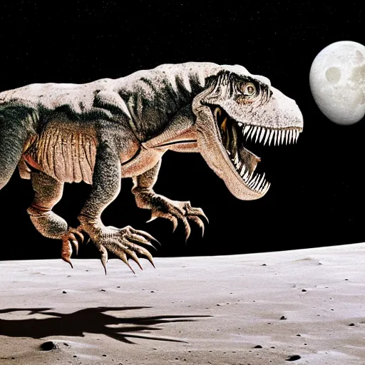 Image similar to Tyrannosaurus rex jumping on the moon, outer space, photograph, realistic, HD, science fiction