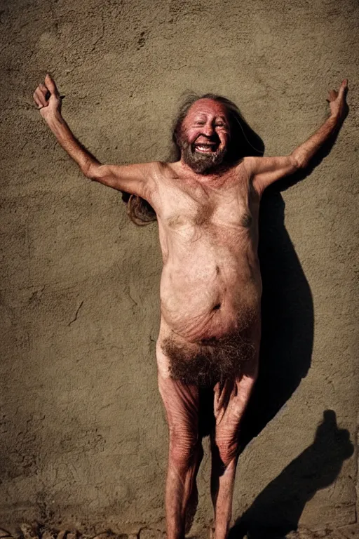 Prompt: a old laughing happy old man with female long hair, long beard, female body, by steve mccurry