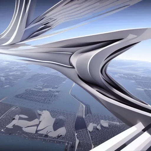 Prompt: Zaha Hadid in his body fly in the sky in his fantasy world design by Zaha unreal engine vray