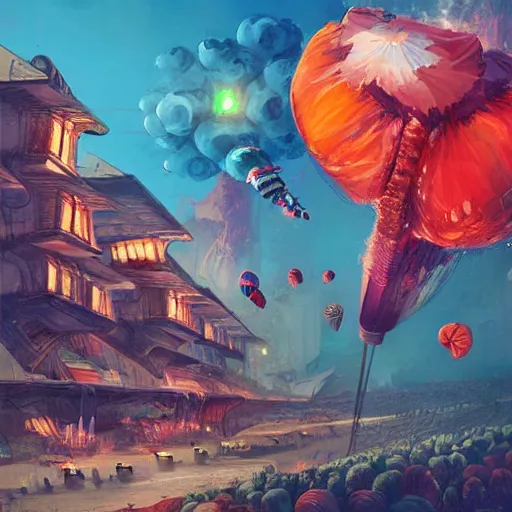 Prompt: giant flying candy attacking an air base, intricate, digital painting, whimsical background by marc simonetti, artwork by liam wong