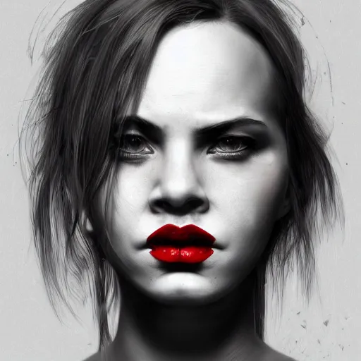 Prompt: angry and disgruntled mom, detailed face with red lips, black eyes and large forehead, detailed body, moody atmosphere, digital art, highly detailed, high contrast, beautiful lighting, award winning, trending on art station, photorealistic, 8 k,