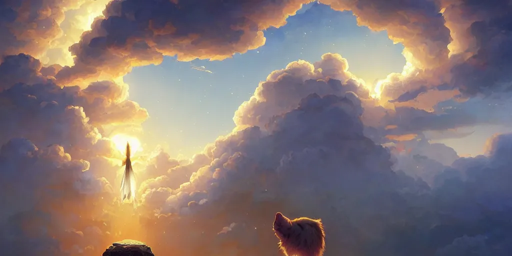 Image similar to a sending down [ of the revelation ] from a white fluffy cat who created the earth and the lofty heavens, overdetailed art, by greg rutkowski, by rhads, sharp focus