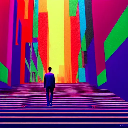 Image similar to photo - realistic, painting of a man walking alone in the boulevard of psychedelic dreams, trippy stairs in the background, hyper detail, sharp, in the style of beeple, mobeius, rule of thirds, unreal engine
