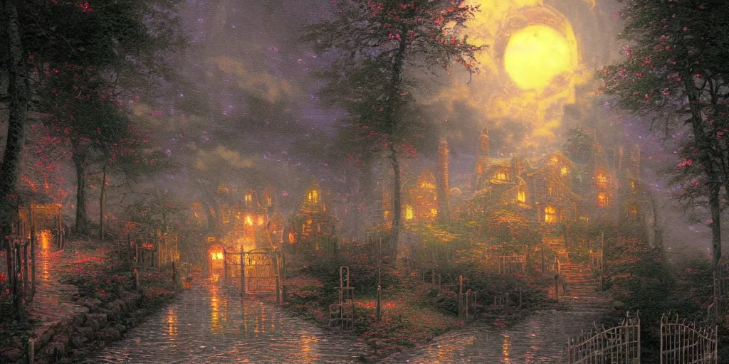 Prompt: hyper detailed beautiful painting of the gates to hell, midnight, moon light, volumetric lighting, dark, scary, sad, back lit, by thomas kinkade