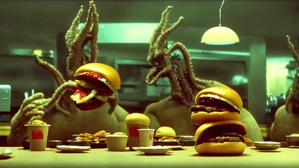 Image similar to the strange cheeseburger creature loves everybody at the fast food place, film still from the movie directed by denis villeneuve and david cronenberg with art direction by salvador dali and zdzisław beksinski, wide lens