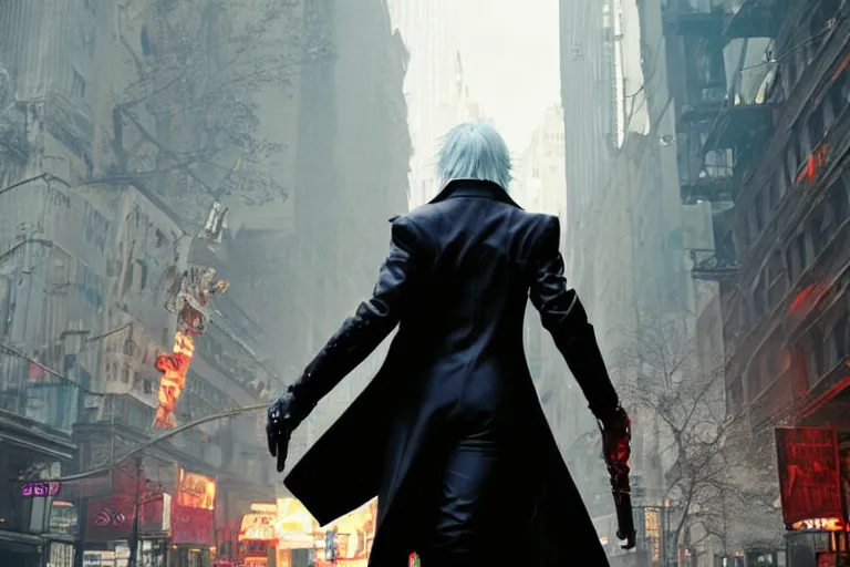 Prompt: vfx movie suave vampire with long white hair, trench coat, dual wielding large revolvers, ascending into the air in a shattered reality of new york city, devil may cry, by emmanuel lubezki