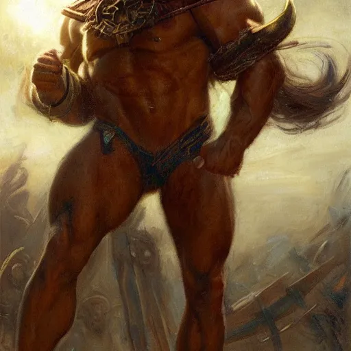 Image similar to handsome portrait of a minotaur bodybuilder posing, radiant light, caustics, war hero, steel bull run, by gaston bussiere, bayard wu, greg rutkowski, giger, maxim verehin