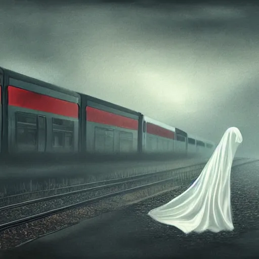 Image similar to ominous bedsheet ghost floating in front of a train, oil painting, brush strokes, gloomy foggy atmosphere, symmetrical, full body image, highly ornate intricate details,