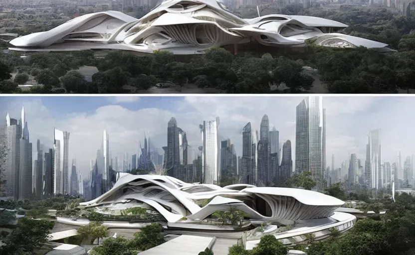 Image similar to a futuristic architectural masterpiece by frank Lloyd wright and Zaha hadid, detailed