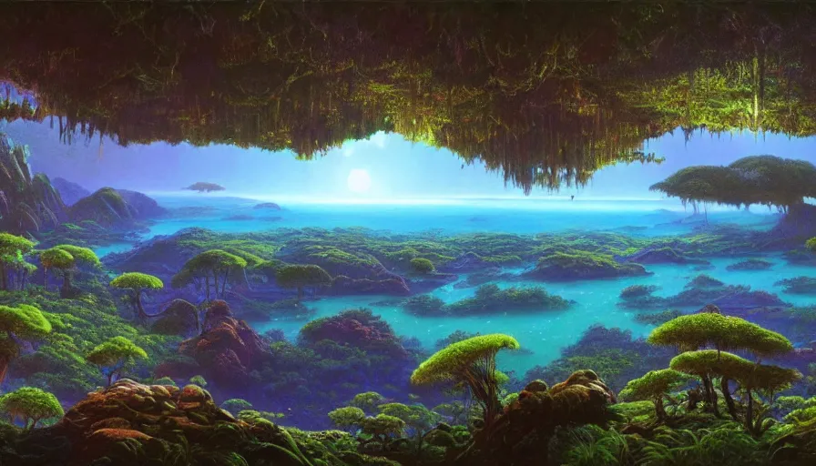Image similar to beautiful lush exoplanetary surface, temperate forests, shallow seas, teeming with vast amounts of life, 4 k cinematic panoramic view, by bruce pennington, ted naysmith, evgeny lushpin