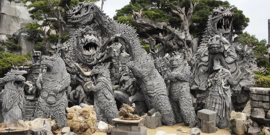 Image similar to a gigantis temple devoted to godzilla, stone carving ancient, worshipers bring offerings