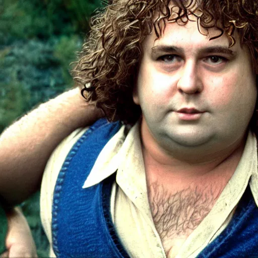 Prompt: close up headshot of a frowning clean shaven pudgy British lad with short curly dark brown hair as a hobbit wearing a white men's crossbody sling chest bag and blue vest, blue vest!! white crossbody chestbag!! high resolution film still, movie by Peter Jackson