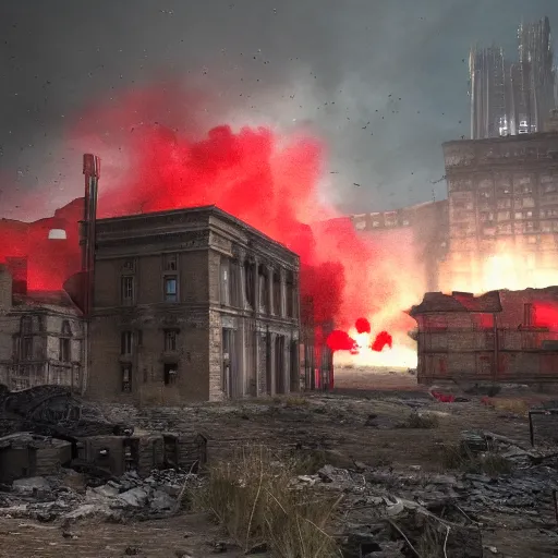 Prompt: politics, destroyed landscape and buildings, dystopian, war, real, red and blue smoke, highly detailed 8k