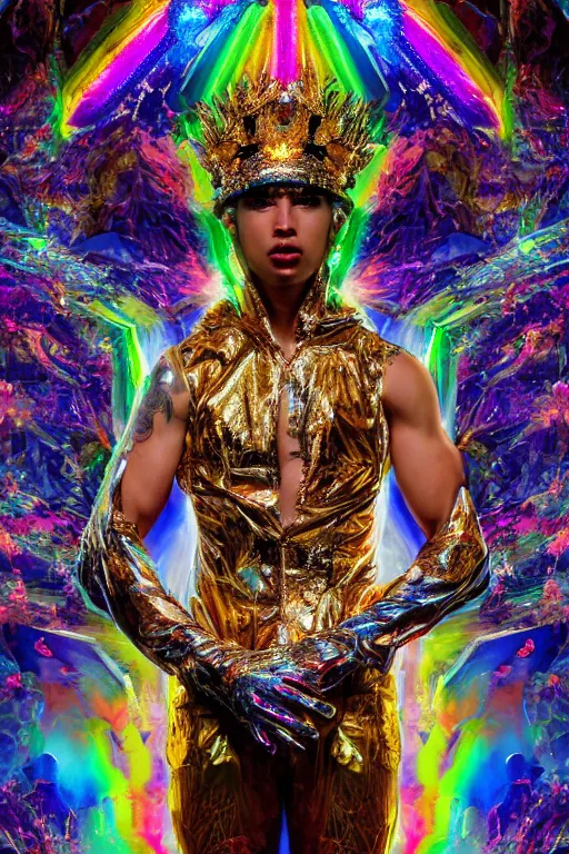 Image similar to hyper detailed ultra sharp portrait of baroque and bladerunner delicate neon sapphire sculpture of seductive onyx prince royce tigers rainbowiridescent humanoid deity wearing metallic hoody made out of leaves holding the sun prismatic dungeon, glowing rainbow face, crown of white diamonds, cinematic lighting, photorealistic, octane render 8 k depth of field 3 d