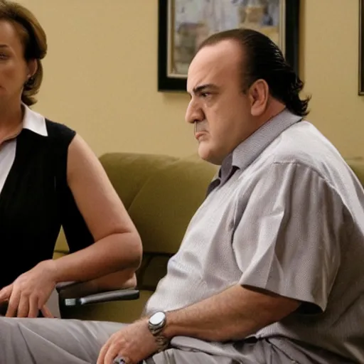 Image similar to dr. melfi and tony soprano in therapy