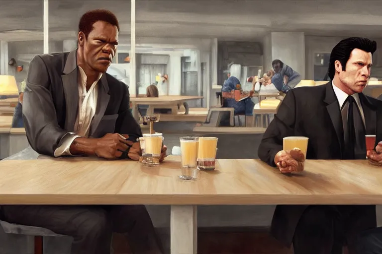 Image similar to painting pulp fiction movie highly detailed full - body samuel l jackson and john travolta posing in cafe, perfect symmetrical eyes, by eddie mendoza and tyler edlin, 8 k resolution, digital art, hyper realistic