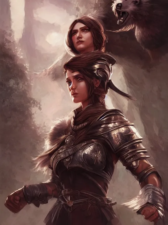 Prompt: a beautiful hyper realistic detailed epic concept art showing a noble knight women with her fist up and her spirit of the great raccoon gradian above her, by artgerm, charlie bowater, in the style of dragon age, featured on artstation