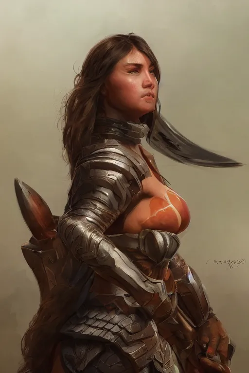 Image similar to portrait of a beautiful chonky young female warrior in the middle of a fight as drawn by eric anthony johnson ericanthonyj artstation artgerm greg rutkowski and magali villeneuve 8 k subsurface scattering, soft light