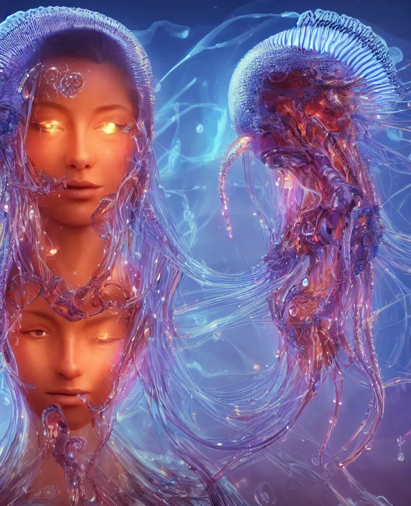 Image similar to close-up macro portrait of the face of a beautiful princess, epic angle and pose, symmetrical artwork, 3d with depth of field, blurred background, cybernetic jellyfish female face skull phoenix bird, translucent, nautilus, energy flows of water and fire. a highly detailed epic cinematic concept art CG render. made in Maya, Blender and Photoshop, octane render, excellent composition, cinematic dystopian brutalist atmosphere, dynamic dramatic cinematic lighting, aesthetic, very inspirational, arthouse. y Greg Rutkowski, Ilya Kuvshinov, WLOP, Stanley Artgerm Lau, Ruan Jia and Fenghua Zhong