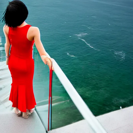 Prompt: cyberpunk girl wearing a red dress, standing on glass stairway looking down into the ocean