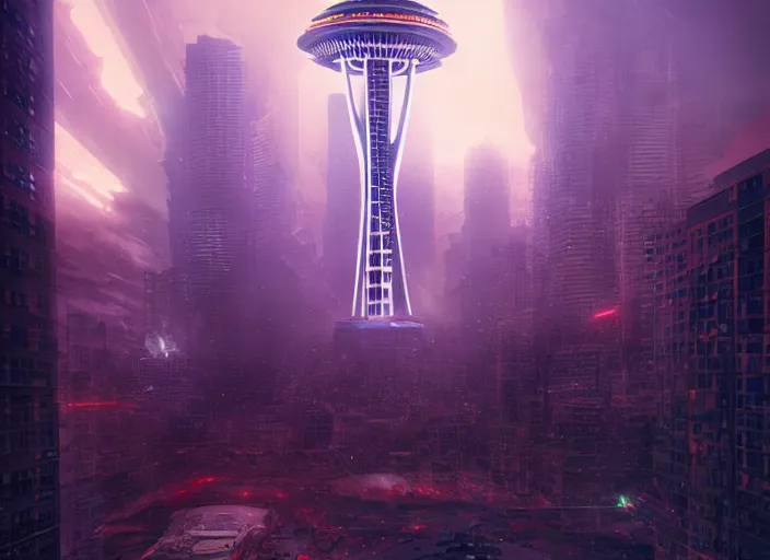 Image similar to seattle being attacked by a mega humanoid giant, by beeple and maciej kuciara and greg rutkowski