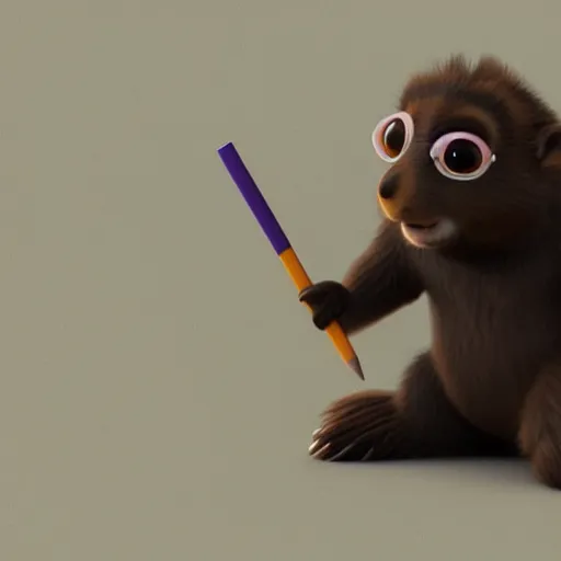 Image similar to cute anthro brown marmot in a black tuxedo while holding a pencil, pixar character, digital art, 3 d rendered in octane, blender, maya, shadows, lighting