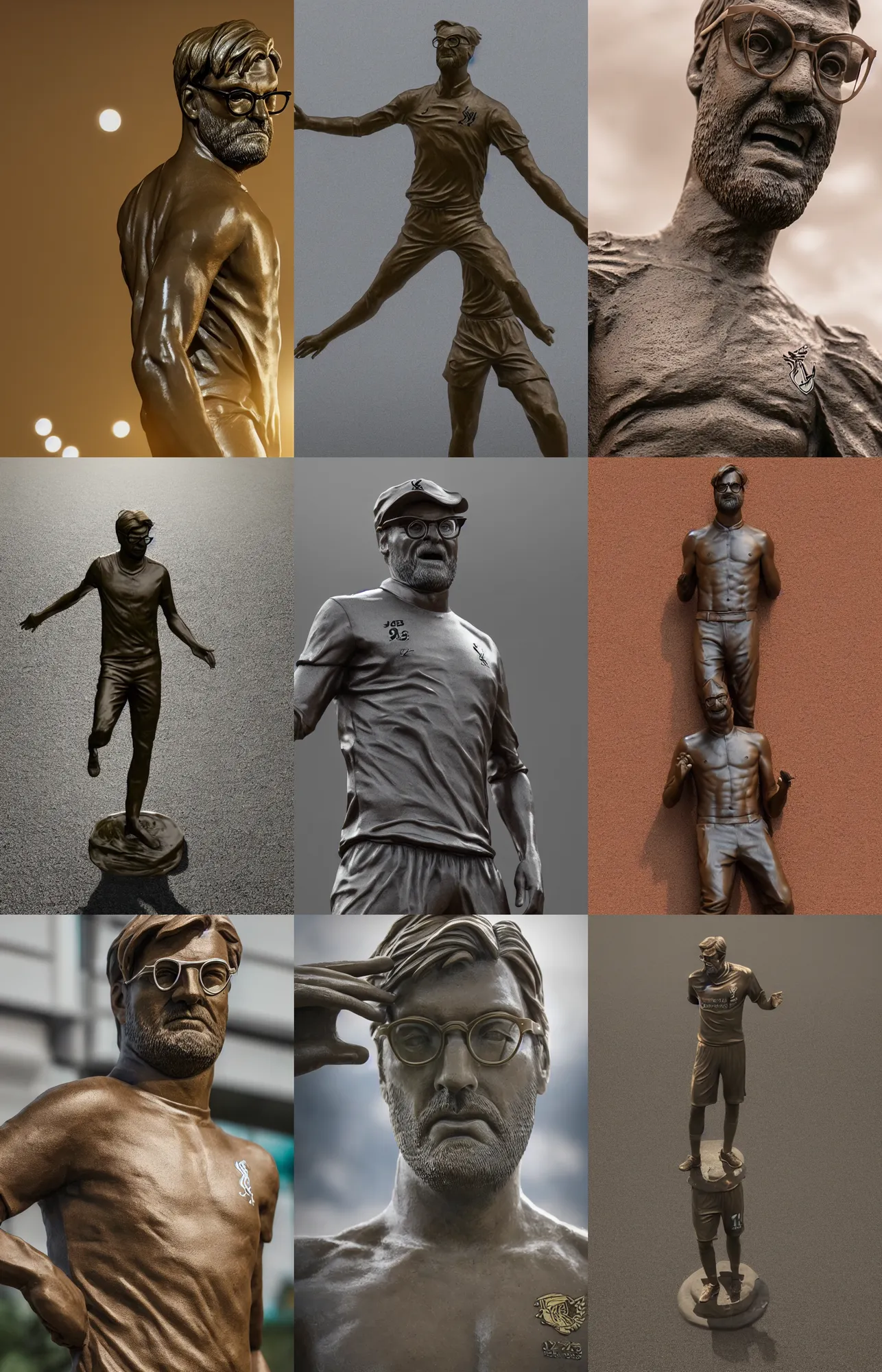 Prompt: full body bronze statue of Jurgen Klopp, movie still, cinematic lighting, dramatic, octane render, long lens, shallow depth of field, bokeh, anamorphic lens flare, 8k, hyper detailed, 35mm film grain