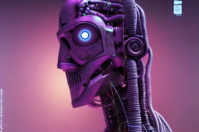Image similar to hyperrealistic medium shot robot cyborg in wires data center server! by stanley kubrick highly detailed concept art zdzisław beksinski william gibson cinematic low purple lighting high angle hd 8 k sharp shallow depth of field