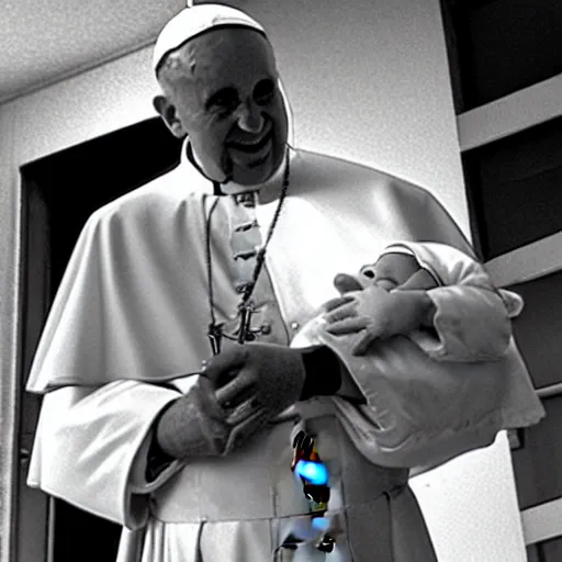 Prompt: the pope caught stealing a baby in cctv security footage black and white