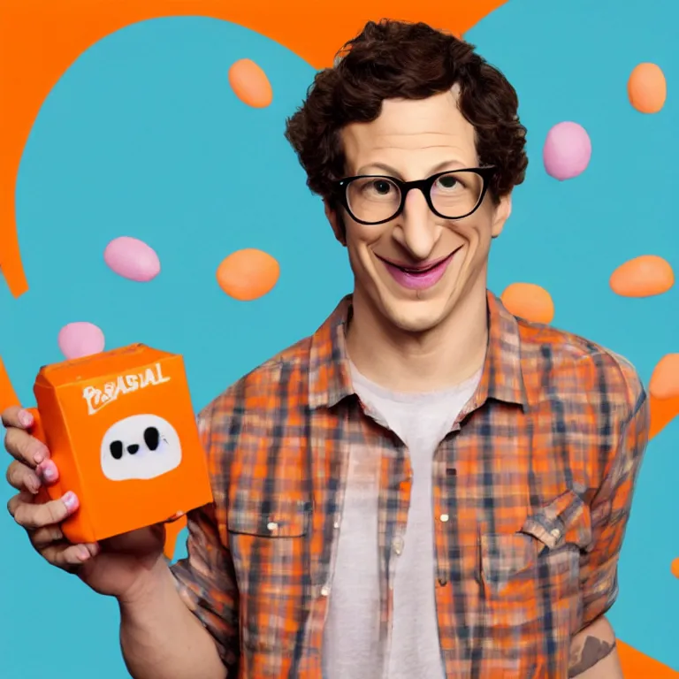 Image similar to A Funko pop of andy samberg in front of a pastel orange background.