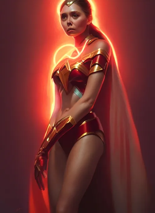 Image similar to portrait of modern darna, elizabeth olsen, intricate, elegant, glowing lights, highly detailed, digital painting, artstation, glamor pose, concept art, smooth, sharp focus, illustration, art by wlop, mars ravelo and greg rutkowski