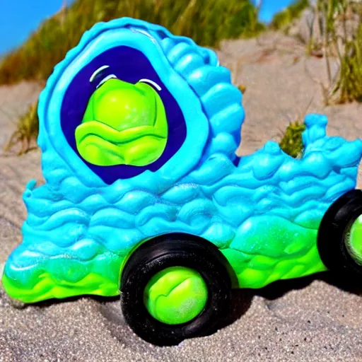 Image similar to cabbage car with brussels sprouts wheels having fun at the beach