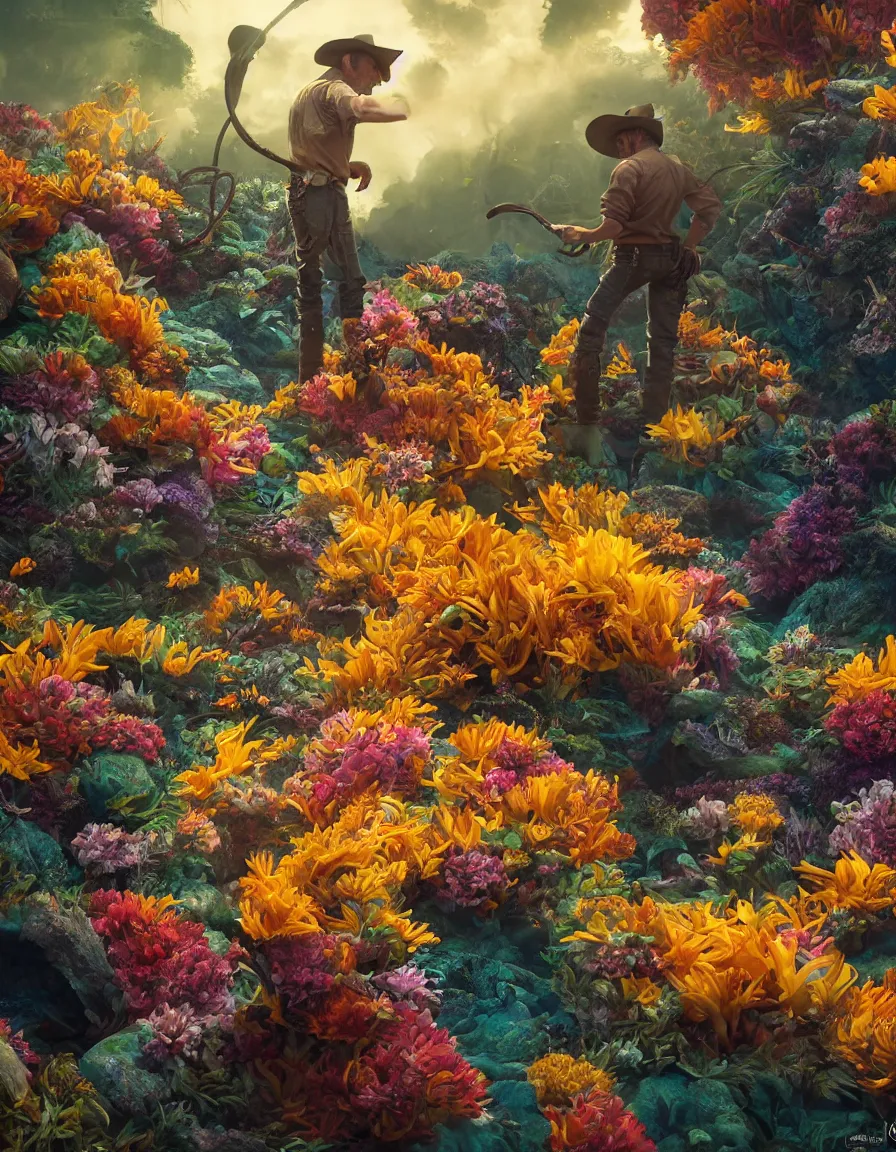 Image similar to a cowboy turning into blooms in real life. tropical sea slugs. bold complementary colors. volumetric lighting, beautiful, golden hour, sharp focus, ultra detailed, cgsociety by leesha hannigan, ross tran, thierry doizon, kai carpenter, ignacio fernandez rios, noir art house, 4 k, 3 5 mm, fujifilm