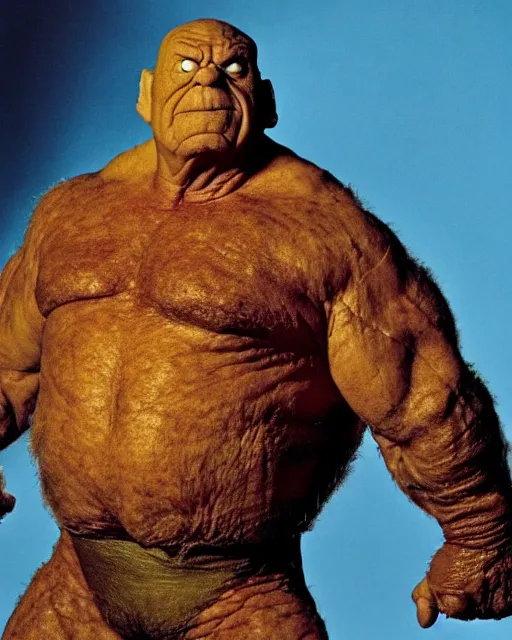 Image similar to Ed Asner starring as Ben Grimm, The Thing from The Fantastic Four Movie, battles the Hulk, Color, Modern